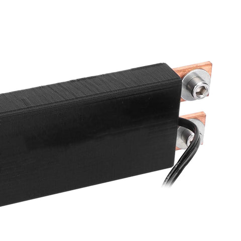Close-up of a handheld spot welding pen's metal contact bar, showcasing black material and copper connectors for DIY fixes.