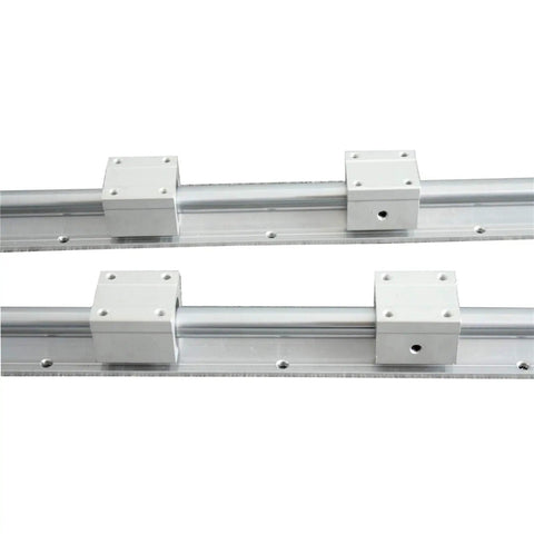Two Piece SBR16 Linear Rail Guide Set With Four SBR16UU Bearing Blocks For CNC D16 Rails In 300 400 500 600 1000 1200 1500mm Lengths Pro Grade High Precision Sliding System, showcasing two parallel rails and bearing blocks.