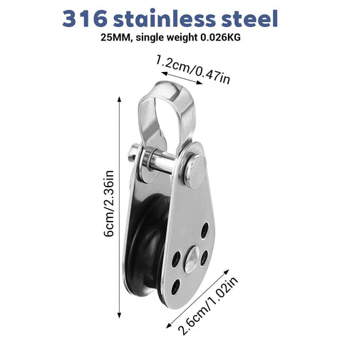 4 Pack Nylon Marine Pulleys With 316 Stainless Steel Bearings, Deck Ready Boat Rope Block, size dimensions, single pulley view