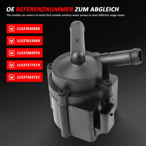 Heavy Duty Auxiliary Water Pump For BMW Mini Cooper Direct Swap Replacement 11537630368 showing detail and connection points.