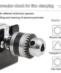 Rock Solid 775 Dc Motor Table Drill With B10 Chuck And Adjustable Speed Controller showing three-jaw chuck for firm clamping.