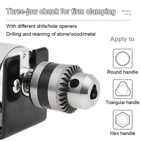 Rock Solid 775 Dc Motor Table Drill With B10 Chuck And Adjustable Speed Controller showing three-jaw chuck for firm clamping.