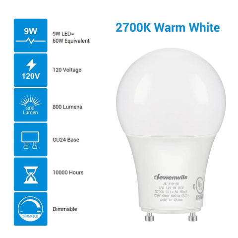 GU24 LED Light Bulbs A19 Shape 9W 800 Lumens 60W Equivalent Dimmable Warm White 2700K with twist lock base UL listed