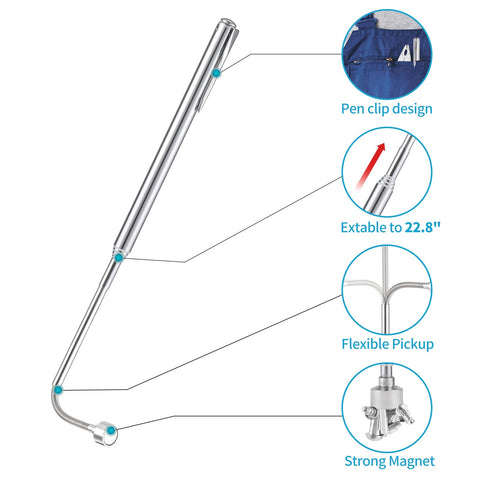 Flexible Magnetic Pickup Tool Set 5 Lb With 23.6 Inch Bendable Extension And Pen Clip showing pen clip design and magnet