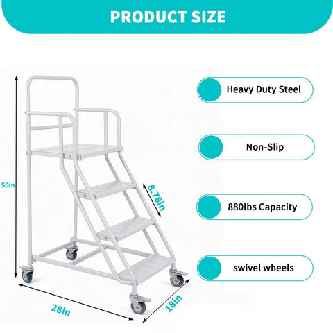 Heavy Duty Four Step Rolling Ladder With Secure Handrails Built Different For Warehouse Spaces Rock Solid Eight Hundred Eighty Pound Capacity Premium Cold Rolled Steel, 50in tall.
