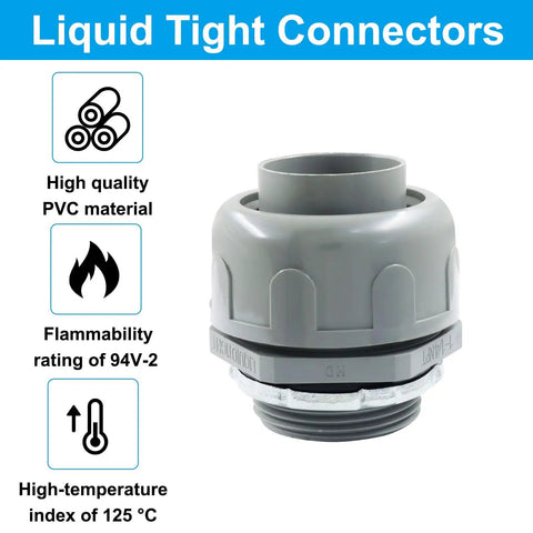 Heavy Duty 2 Pack 1-1/4 Inch NPT Liquid Tight Connectors Featuring Durable PVC Construction Built Tough For Wet Environments Corrosion Resistant Strain Relief Fittings close-up view of liquid tight connector with PVC material.