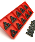 10 Pack Pro Grade Carbide Inserts TNMG220404 TNMG220408 PM4225 for turning steel and aluminum on CNC lathes in red case.