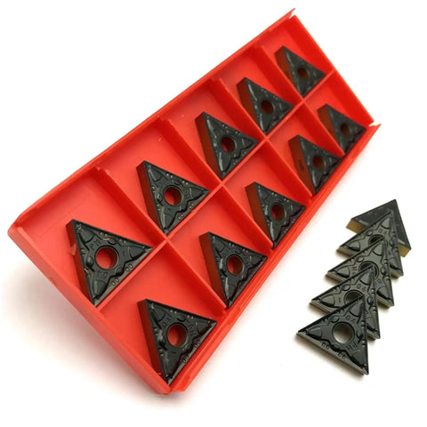 10 Pack Pro Grade Carbide Inserts TNMG220404 TNMG220408 PM4225 for turning steel and aluminum on CNC lathes in red case.