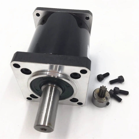 NEMA 23 Stepper Motor With 40 To 1 Planetary Gearbox 25 RPM Hollow Shaft 57mm shown with silver shaft and screws.