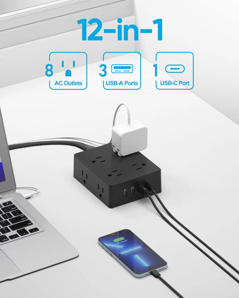12 In 1 Flat Plug Power Strip With 8 Outlets, 3 USB A Ports And 1 USB C Port, 5Ft Ultra Thin Flat Extension Cord, Surge Protector in use