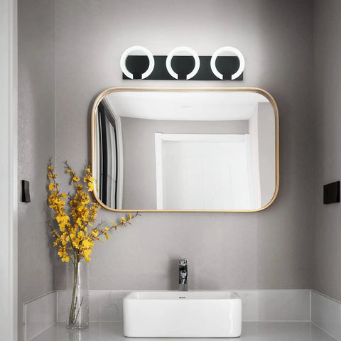 Dimmable Three Light LED Vanity Light For Bathroom Wall Mount Over Mirror In Black Base Dope Modern Metal Fixture With Durable Acrylic Shade Energy Saving 18W LED Humidity Resistant Design Soft Even Glow