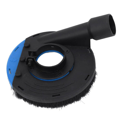 Badass Angle Grinder Dust Collecting Guard For 100Mm And 115Mm Small Grinders With OSHA Compliant Triple Layer Concrete Filtering and Reinforced ABS Protective Shield Cover, black and blue brush attachment.