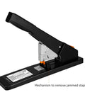Heavy Duty Long Arm Stapler Handles Two Hundred Ten Sheets Like A Champ And Comes With One Thousand Staples Plus Rapid Jam Ejector For Zero Drama Office Paper Binding Tasks In Black with jam removal mechanism.