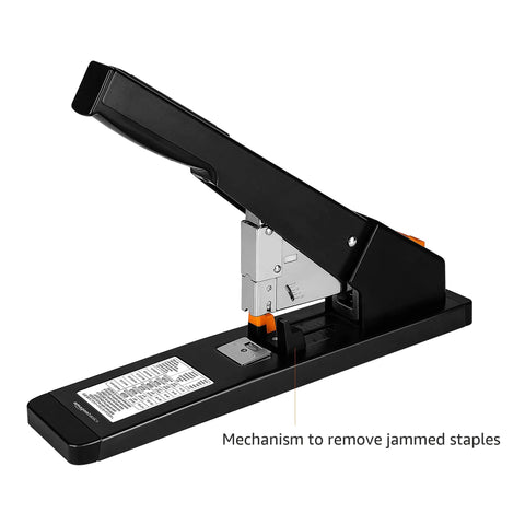 Heavy Duty Long Arm Stapler Handles Two Hundred Ten Sheets Like A Champ And Comes With One Thousand Staples Plus Rapid Jam Ejector For Zero Drama Office Paper Binding Tasks In Black with jam removal mechanism.