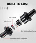 Exploded view of EVIL ENERGY inline fuel check valve, black aluminum body, 3/8 OD, 2-piece set.
