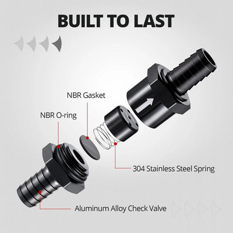 Exploded view of EVIL ENERGY inline fuel check valve, black aluminum body, 3/8 OD, 2-piece set.
