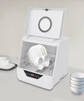 Slick Compact Countertop Dishwasher With Four Fast Wash Cycles And Chill Noise Level To Blast Dirty Dishes For Household Crews And Small Apartment Sets with plates and bowls inside.