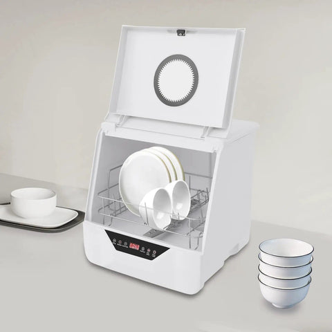 Slick Compact Countertop Dishwasher With Four Fast Wash Cycles And Chill Noise Level To Blast Dirty Dishes For Household Crews And Small Apartment Sets with plates and bowls inside.
