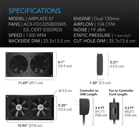 Ultra Quiet 12 Inch Cooling Fan System With Multi Speed Controller For Home Theater AV Cabinets, specs and dimensions