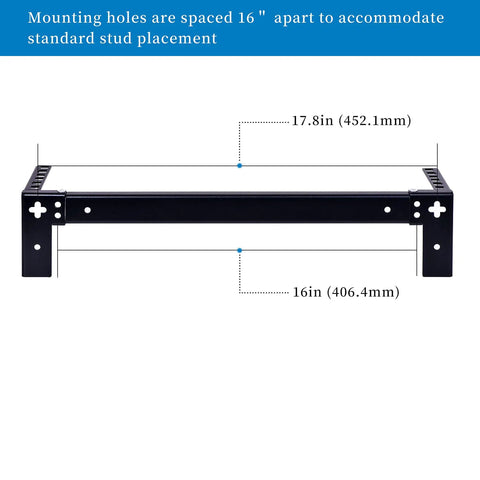 2U Vertical Wall Mount Rack Beefy Heavy Duty 125lbs Capacity Bracket For Server And Network Gear, black bracket with dimensions