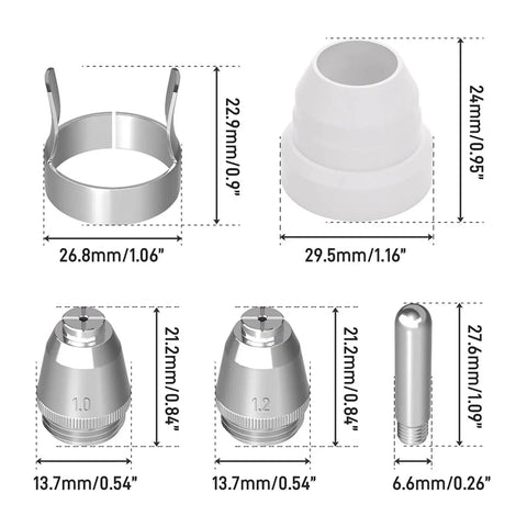 Top Grade 50 Pcs Ag60 Plasma Cutter Consumables Kit With Heavy Duty Electrode Nozzles and Tips displayed with detailed dimensions.
