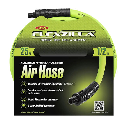 Heavy Duty Air Hose One Half Inch By Twenty Five Feet With Three Eighths Inch MNPT Fittings Hybrid Polymer For No Kink Performance All Weather Flex From -40 To 140F Lightweight Yet Durable Abrasion Resistant Cover Bend Restrictor ZillaGreen