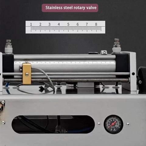 Built Like A Tank Horizontal Pneumatic Liquid Paste Filling Machine, showing stainless steel rotary valve and gauge.