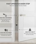 Foot Operated Door Stop With Zinc Alloy Floor Holder For Hands Free Entryway Access, features shown near open door