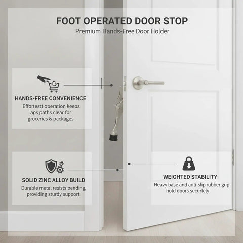 Foot Operated Door Stop With Zinc Alloy Floor Holder For Hands Free Entryway Access, features shown near open door