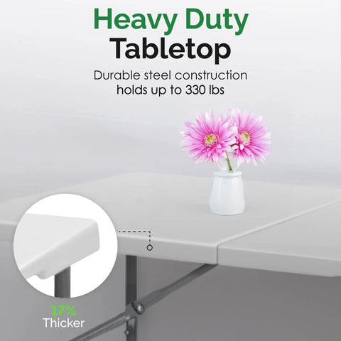 Heavy Duty Folding Table With Built In Handle Six Foot Portable Table For Indoor And Outdoor Use Supports Up To 300 Lbs Built Tough Durable Polyethylene Top With Sturdy Steel Frame Great For Parties Events Tailgating And Home Projects, close-up of table edge and flower vase
