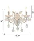 White Crystal Wall Sconce Lighting with Modern K9 Glass Crystal Drops Shade, sleek wall lamp dimensions shown.
