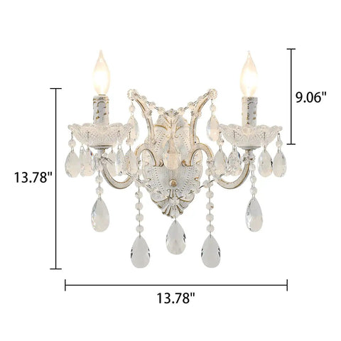 White Crystal Wall Sconce Lighting with Modern K9 Glass Crystal Drops Shade, sleek wall lamp dimensions shown.