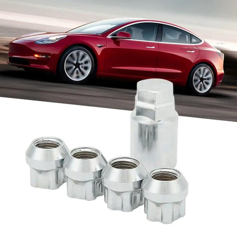Anu Stainless Steel Cone Seat Wheel Locks For Tesla Model 3 Y S X, Secure M14 X 1.5 Anti Theft Lug Nuts Kit, silver 5 Pc Set