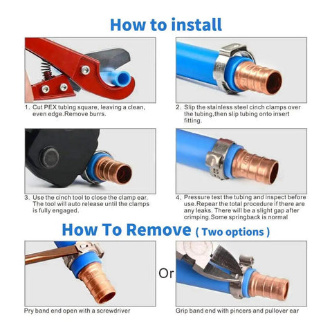 Installation and removal guide for Durable Half Inch PEX Cinch Clamps Rings Made From 304 Stainless Steel Crimp Rings For PEX Tubing