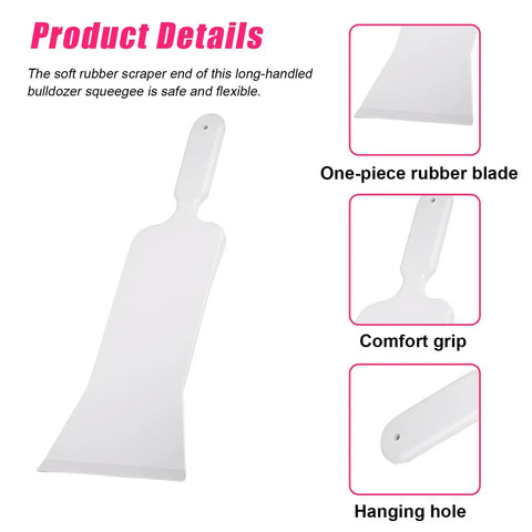 Long Handle Bulldozer Squeegee For Car Windows And Glass Tinting Flat Paddle Scrubber Tool with white grip and rubber blade.