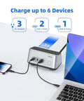 Heavy Duty Desk Power Hub Delivering 100W Fast Usb C Charging With Three Wide Ac Outlets And A Slim Five Foot Flat Cable Perfect For Clutter Free Dorm Rigs And Remote Office Setups Finished In Matte Grey with three AC outlets and two USB C ports.