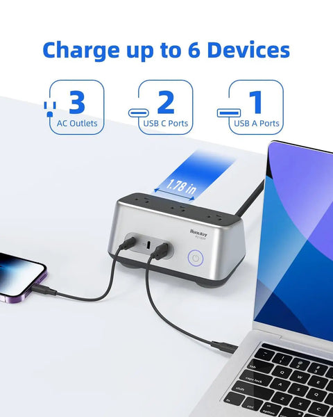 Heavy Duty Desk Power Hub Delivering 100W Fast Usb C Charging With Three Wide Ac Outlets And A Slim Five Foot Flat Cable Perfect For Clutter Free Dorm Rigs And Remote Office Setups Finished In Matte Grey with three AC outlets and two USB C ports.