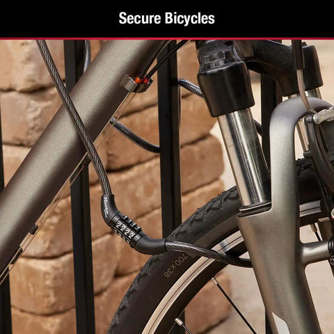 4 Foot Braided Steel Bike Cable Lock With Four Digit Combination Vinyl Coated Bicycle Lock securing bike to a rack