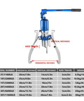 Heavy Duty Hydraulic Gear Puller Kit Rated At 50 Ton For Hub And Brake Drum Extraction With Three Jaw Bearing Separator, detailed specifications graphic.