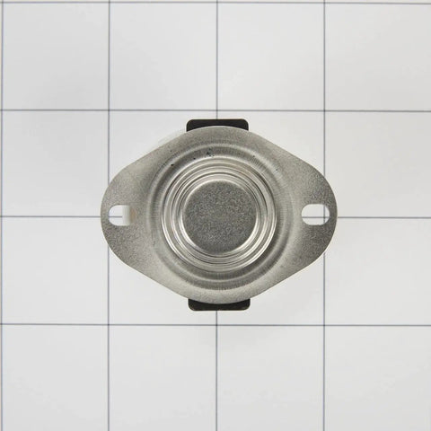 Genuine OEM Dryer Cycling Thermostat Replacement Part WP3387134, round metal component with two mounting holes on grid background.