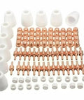 65 Piece Plasma Cutter Consumables Kit Tips Electrodes And Nozzles For PT 31 Cut 40 And Cut 50D ceramic nozzles and copper electrodes arrangement for high-quality cutting.