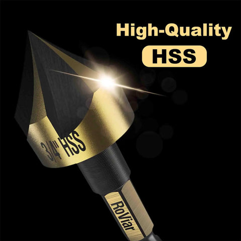 Close-up view of a 3/4 inch HSS drill bit from the Five Piece HSS Countersink Drill Bit Set with Hex Shank for wood and metal.