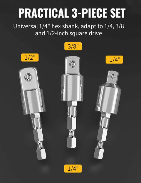 3-Piece Power Drill Socket Adapter Set With 360 Rotatable Hex Shank For Impact Drivers Reaches Tight Corners Fits One Quarter Three Eighths And One Half Inch Bits Durable Alloy Build For Heavy Duty Use