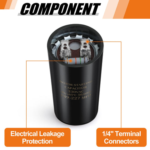 189-227 uF 330V AC Round Start Capacitor with leakage protection and 1/4" terminal connectors for electric motor applications