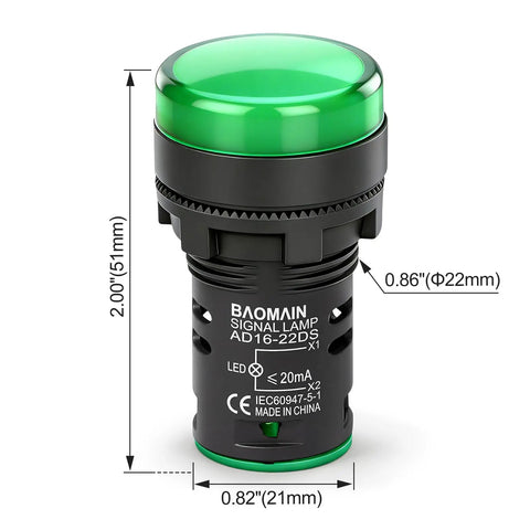 22mm LED Industrial Indicator Light 110V AC Pilot Signal Lamp for industrial machinery control circuits, green, 2-pack.