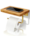 Straight Up Solid Wooden Bathroom Cell Phone Holder With Wall Mount Toilet Paper Stand And Premium Tissue Roll Dispenser shown with phone on shelf.