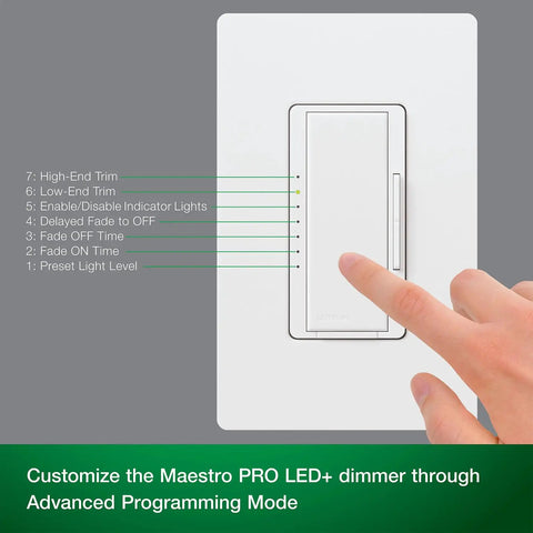Finger touching Maestro Pro LED Plus Tap Dimmer Switch For 250W LED, 500W ELV, 400W MLV, Single Pole Or Multi Location Dimming, Neutral Optional, White Finish, Plug And Play Setup on wall.