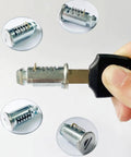 4 Pack Stainless Steel Lock Cores For One Key System Lock Cylinders For Bike Racks, Roof Cargo, shown with key close-up.