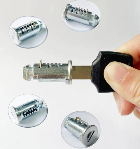 4 Pack Stainless Steel Lock Cores For One Key System Lock Cylinders For Bike Racks, Roof Cargo, shown with key close-up.