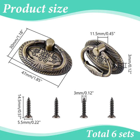 Six Piece Antique Drawer Pulls Set With 1.9 Inch Oval Alloy Cabinet Handles Bronze Finish, Vintage Dresser Knobs With Screws